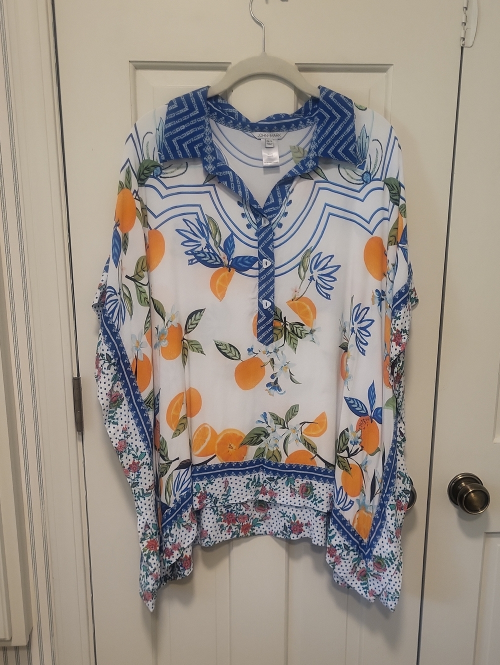 John Mark White Blouse with Blue Trim and Orange Citrus Print